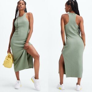 Fabletics Crinkle Knit Tank Dress Desert Cactus Green Midi Slit Stretchy Size L